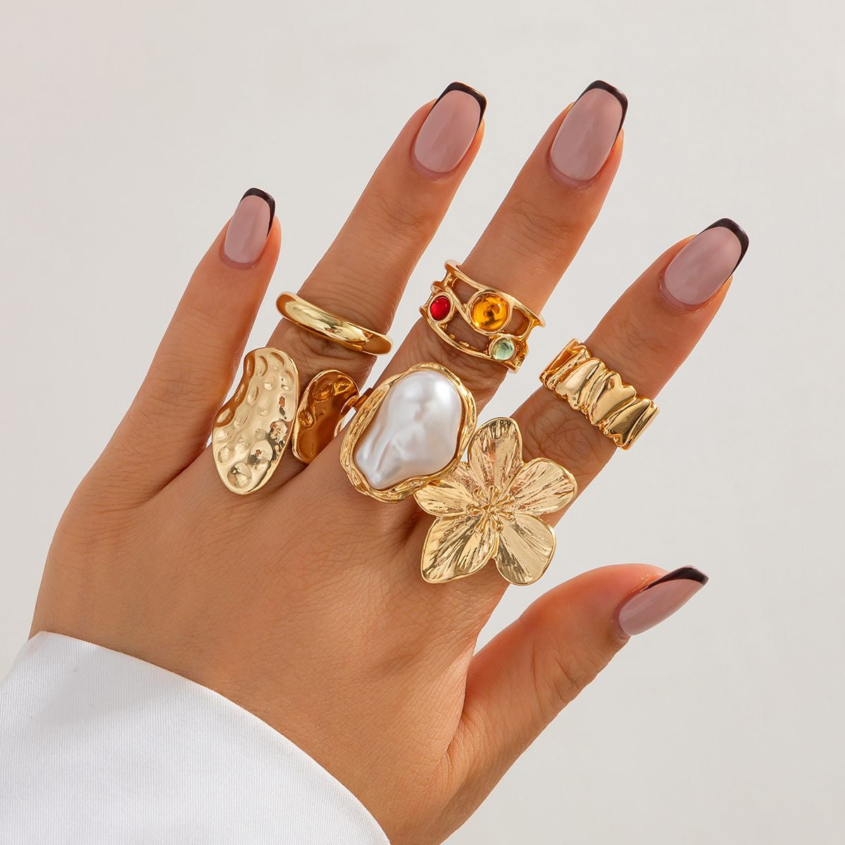 Stylish liquid lava flower open ring INS Baroque faux pearl gemstone ring
