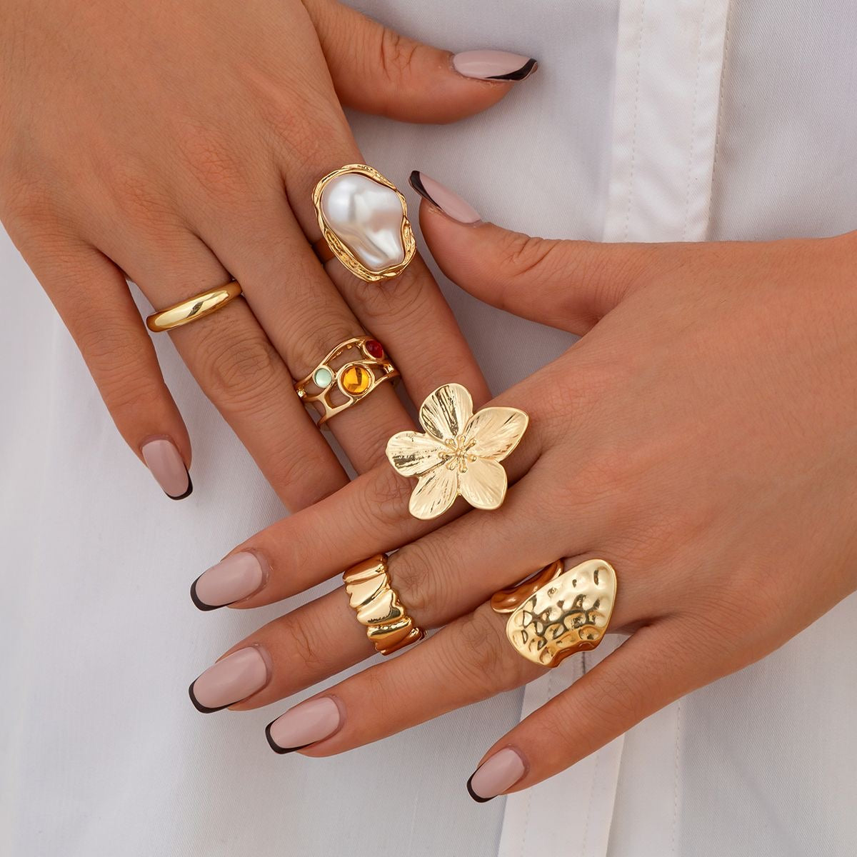 Stylish liquid lava flower open ring INS Baroque faux pearl gemstone ring