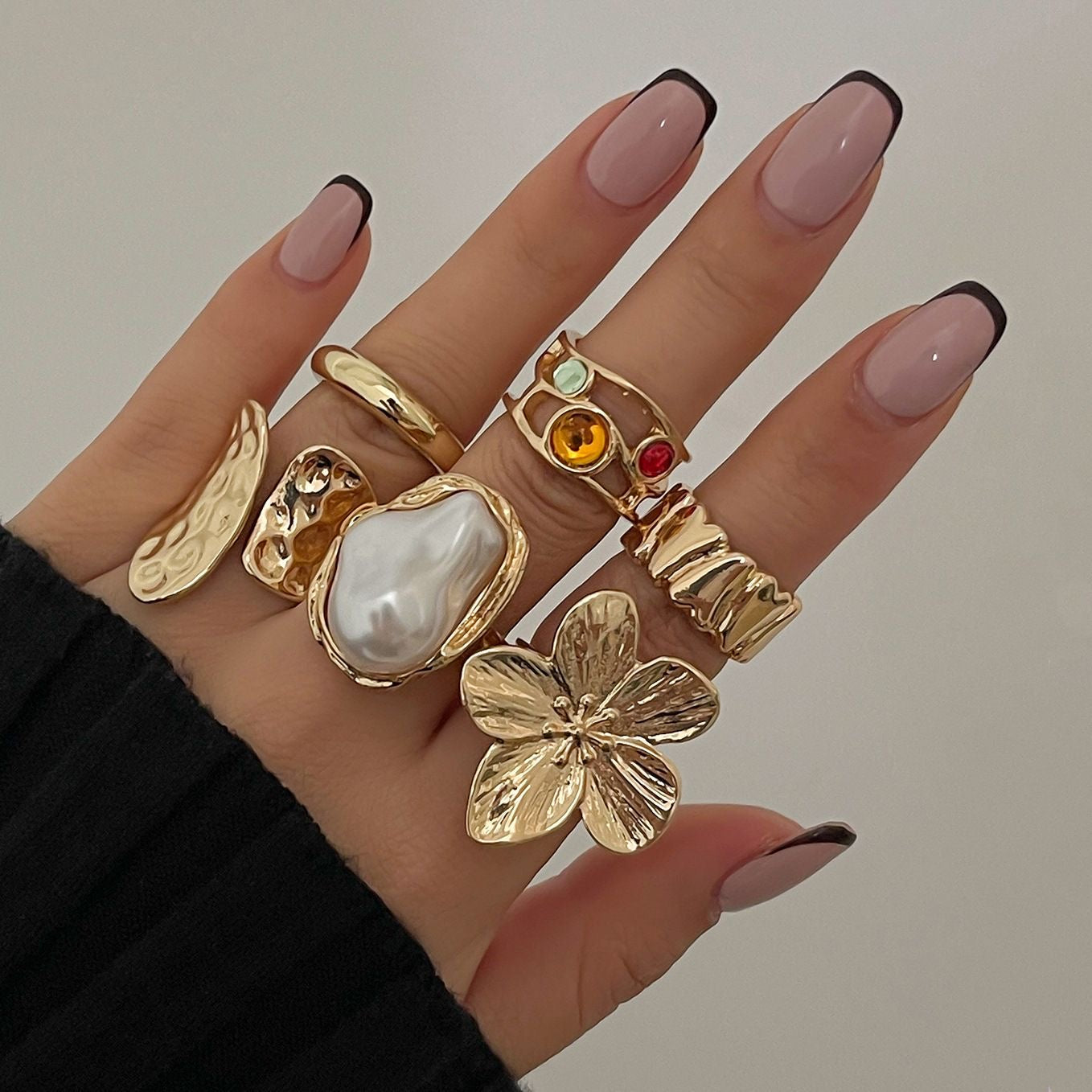 Stylish liquid lava flower open ring INS Baroque faux pearl gemstone ring