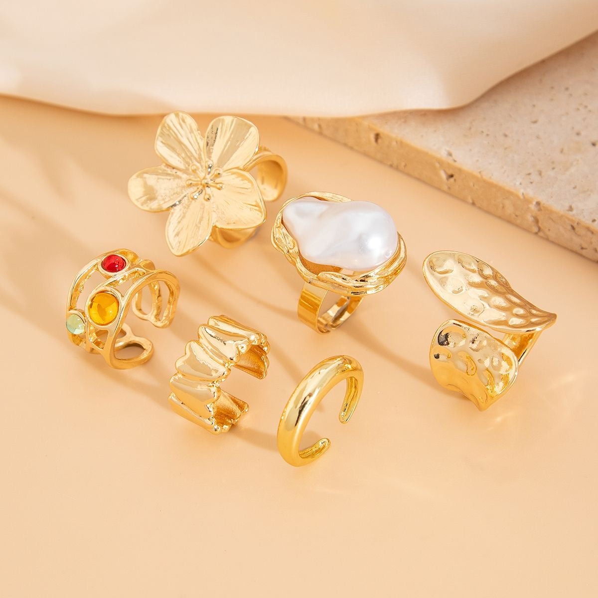 Stylish liquid lava flower open ring INS Baroque faux pearl gemstone ring