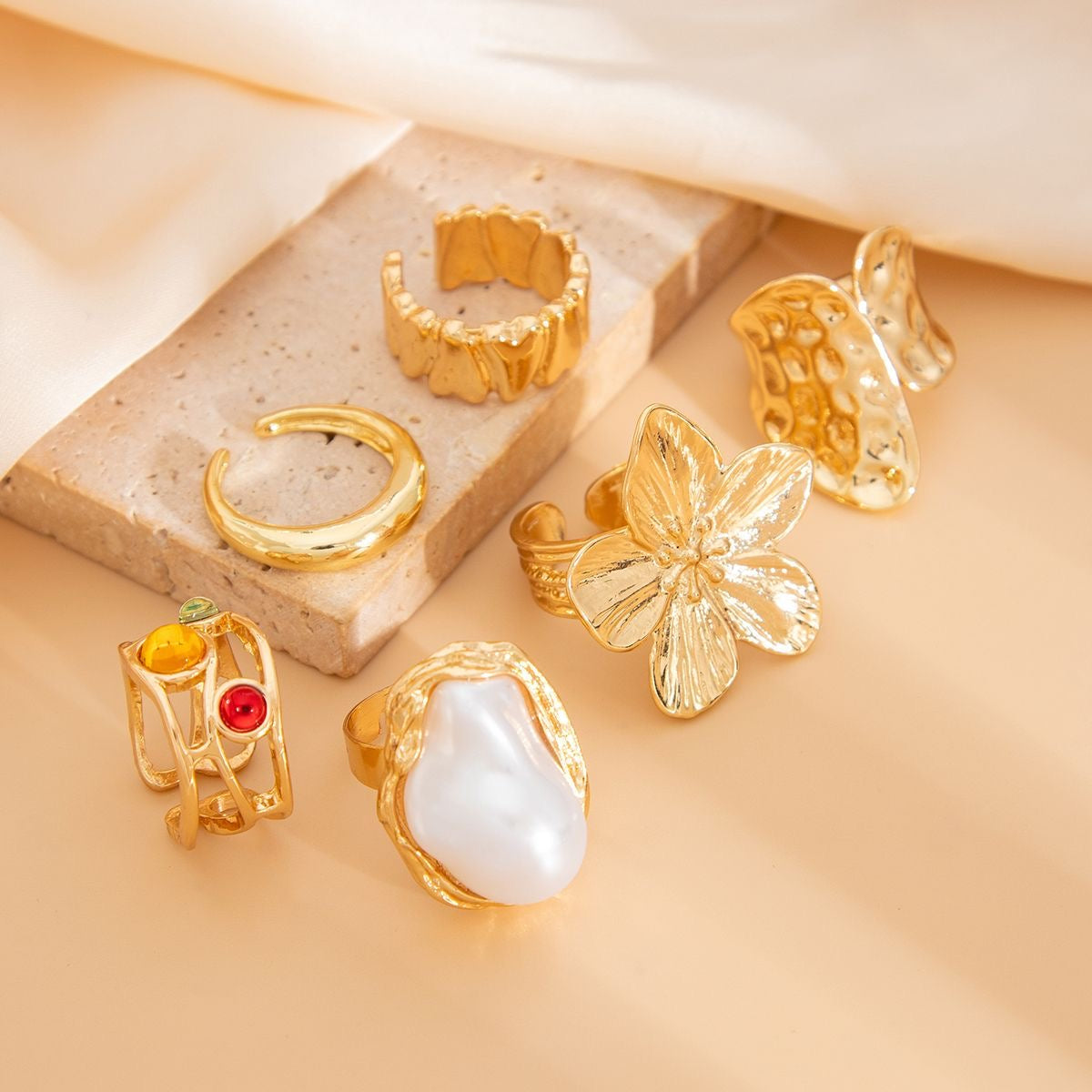 Stylish liquid lava flower open ring INS Baroque faux pearl gemstone ring