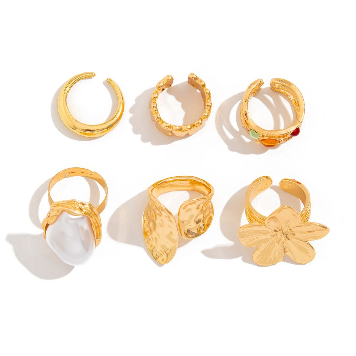 Stylish liquid lava flower open ring INS Baroque faux pearl gemstone ring