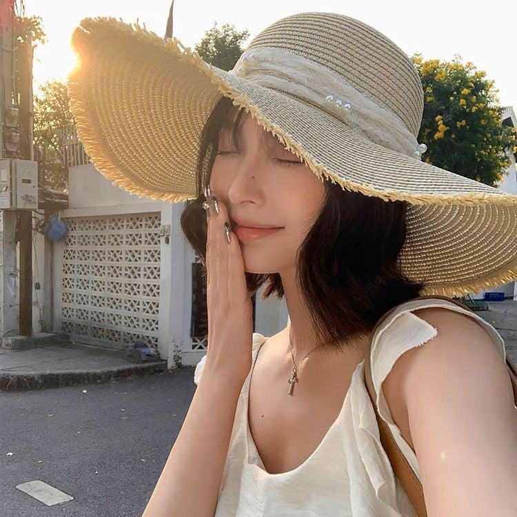 Brim Sun Hat with ribbon lace border