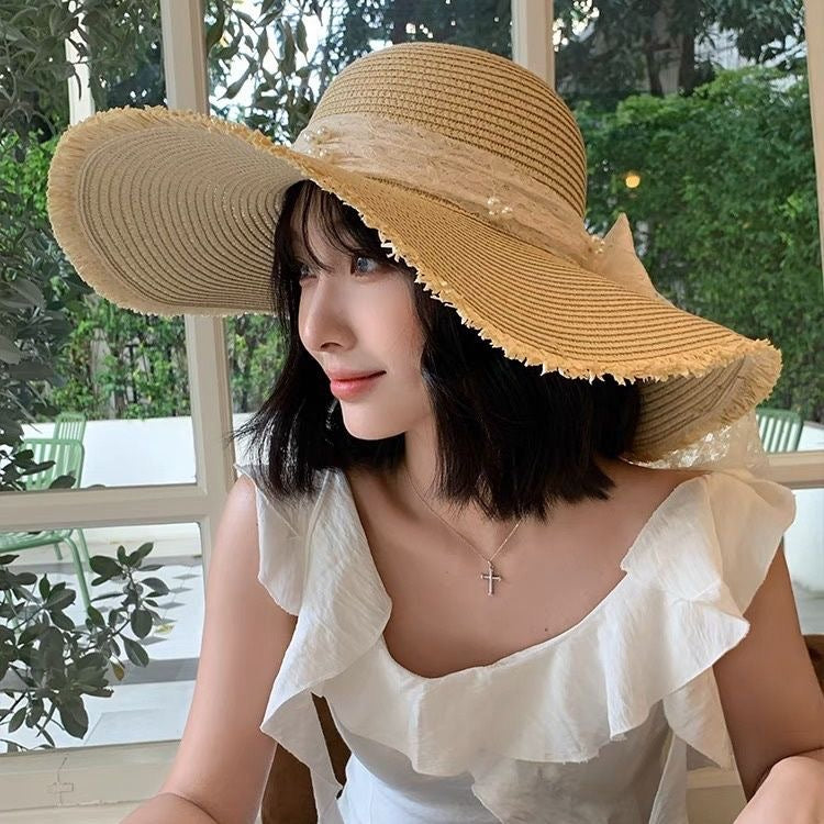 Brim Sun Hat with ribbon lace border
