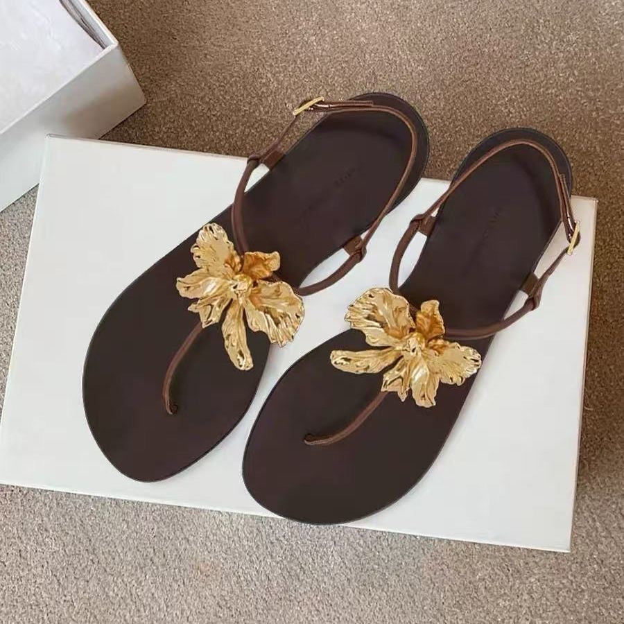 2025 SS Metallic Camellia Flat Toe Post Sandals