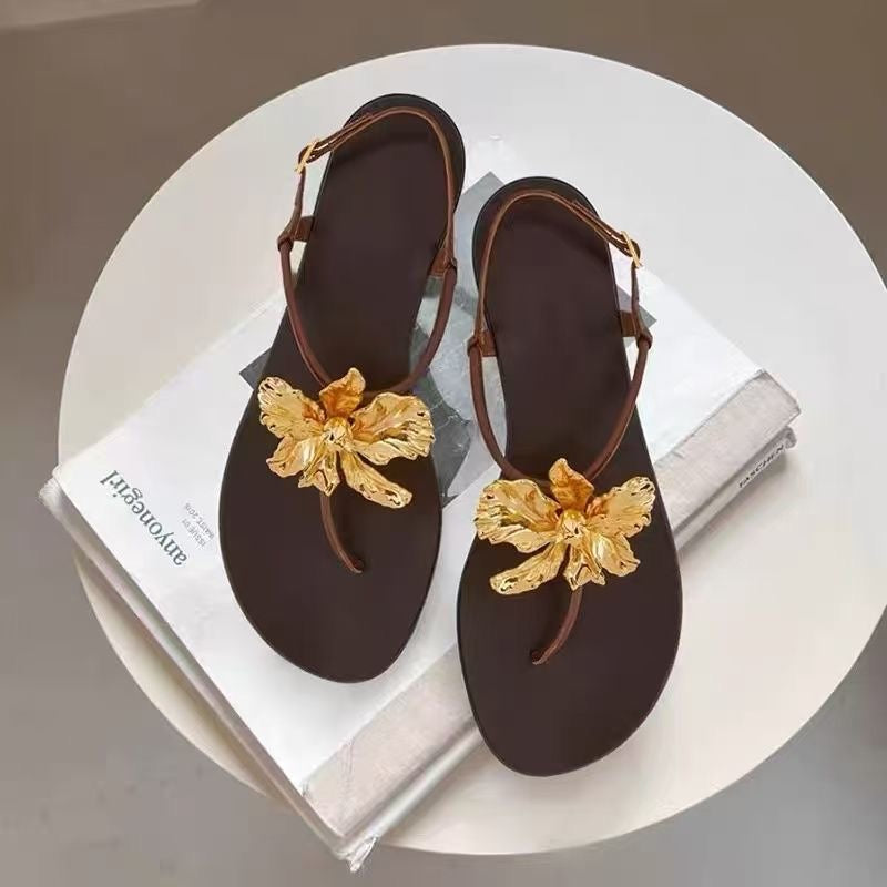2025 SS Metallic Camellia Flat Toe Post Sandals