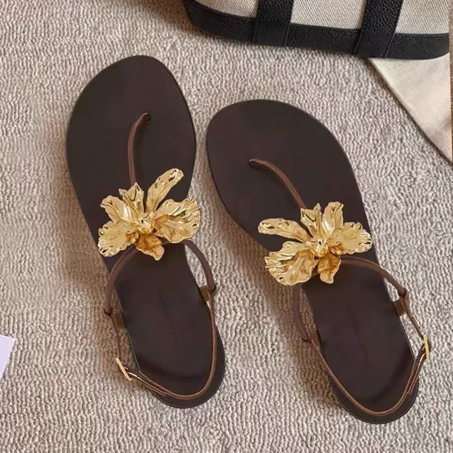 2025 SS Metallic Camellia Flat Toe Post Sandals