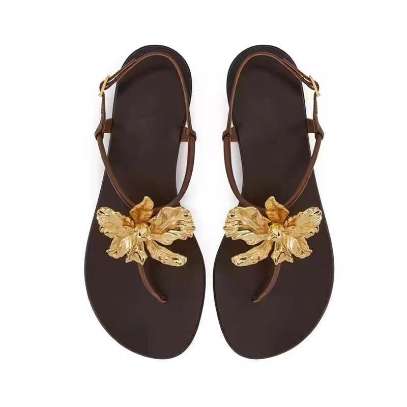 2025 SS Metallic Camellia Flat Toe Post Sandals